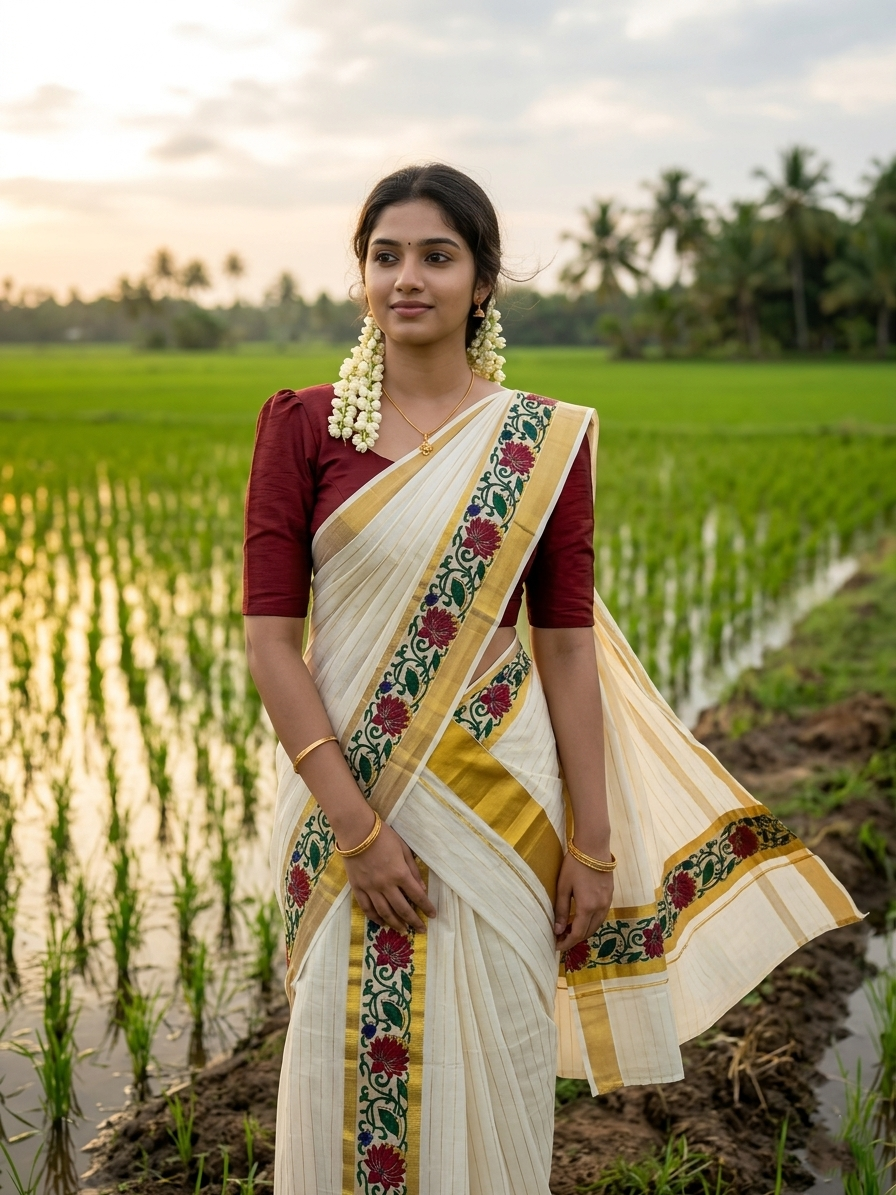 Southloom Cotton Lines Single Set Mundu (Mundu Neriyathum) With Maroon Floral Print And Gold Border Kasavu in 2.80 Mtrs