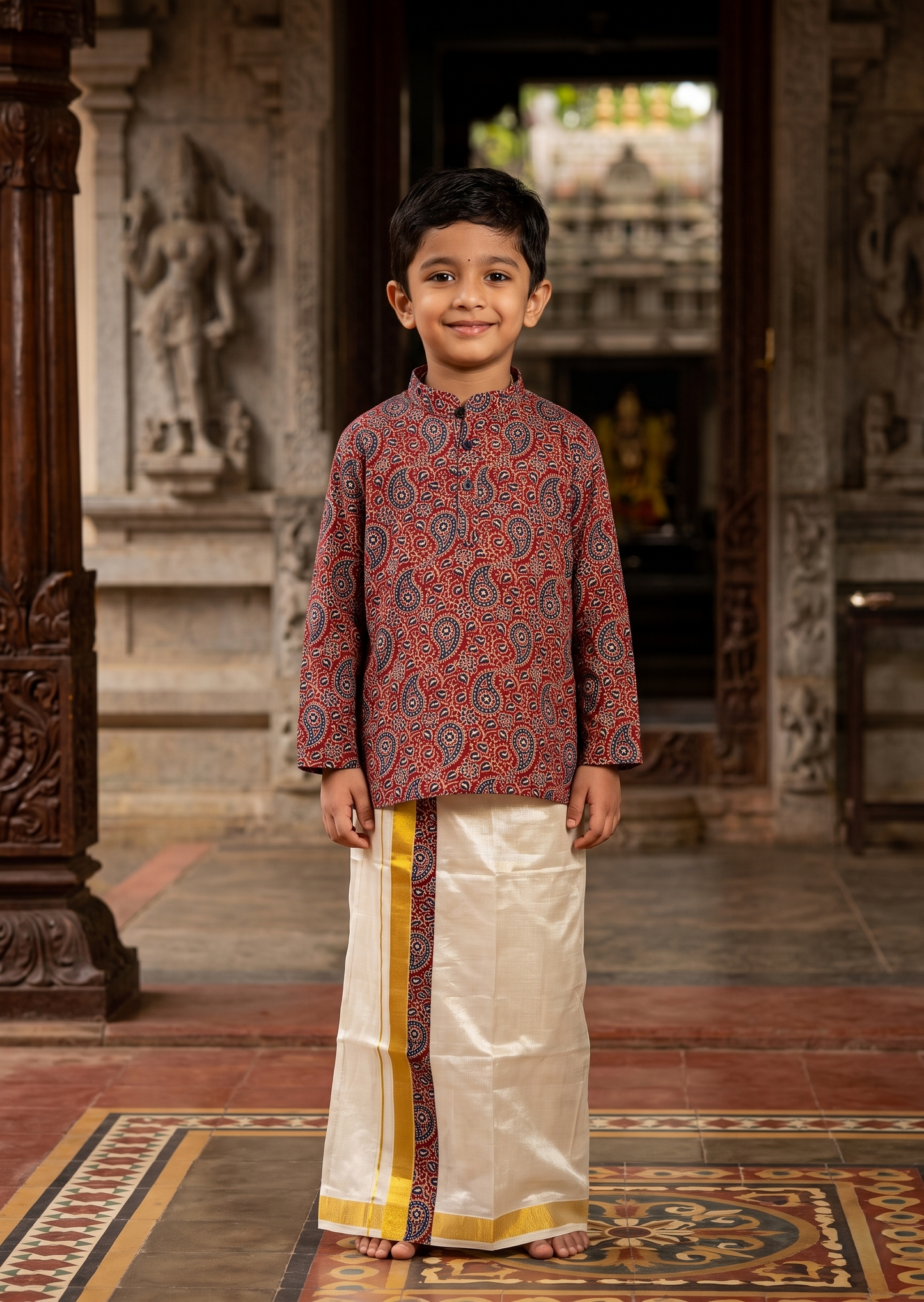Southloom Tissue Ajrakh Printed Kids's Combo (Kurta + Velcro Mundu)