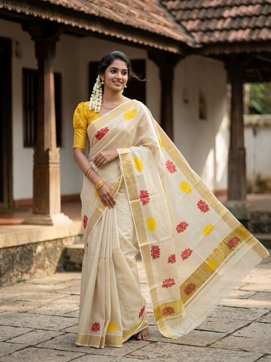 Southloom Kerala Tissue Saree with Orange And Yellow Lotus Block Prints On Kasavu Border
