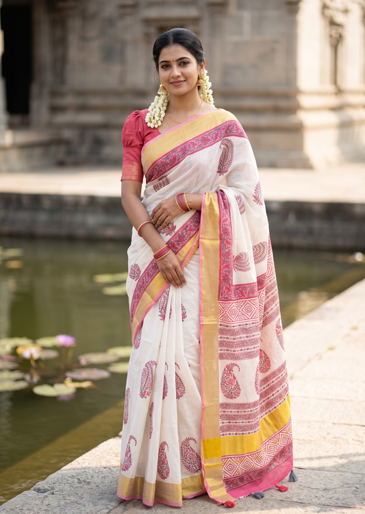 Southloom Cotton Kerala Kasavu Saree with Jaipur Block Printed on Body And Borders in Red SL561