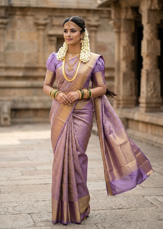 Southloom Pure Handloom Bridal Kanchipuram Silk Saree with Korvai Work (Lavendar)