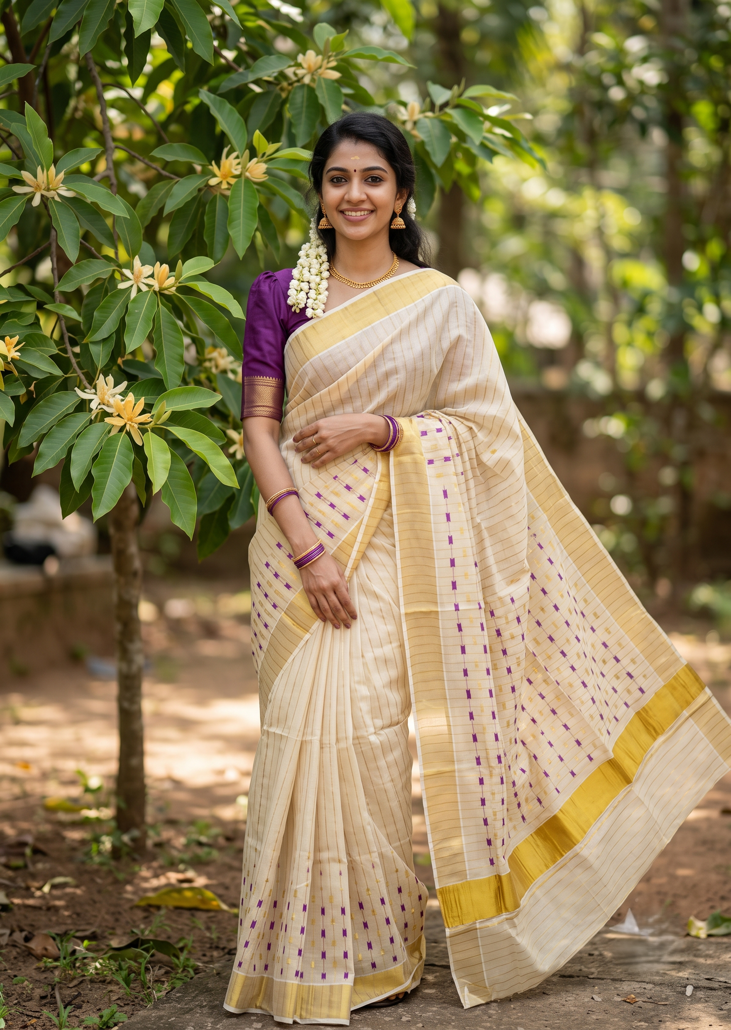 Southloom Tissue Kerala Kasavu Saree with Purple & Gold Embroidery Designs on Body