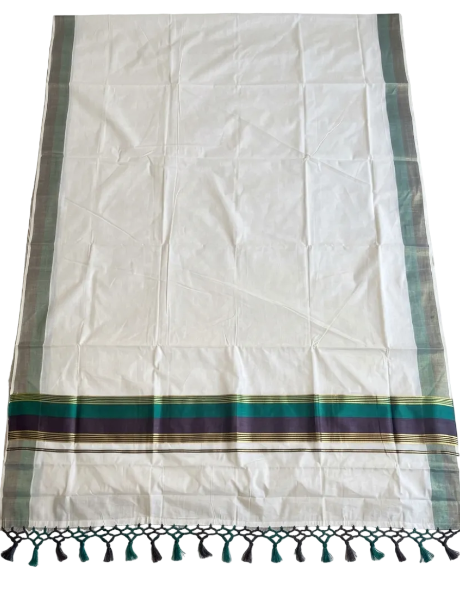 Kerala Cotton Kasavu Saree With Green And Brown Borders SL499