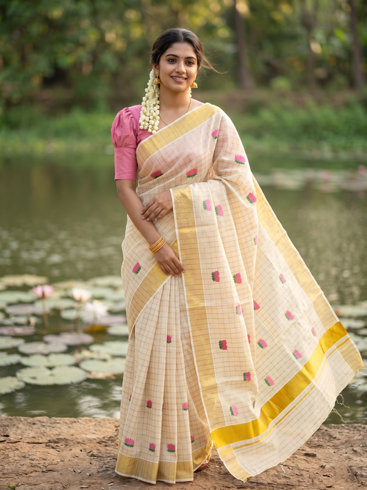 Southloom Kerala Tissue Kasavu Check Saree with Pink And Green Lotus Embroidary Works on Body