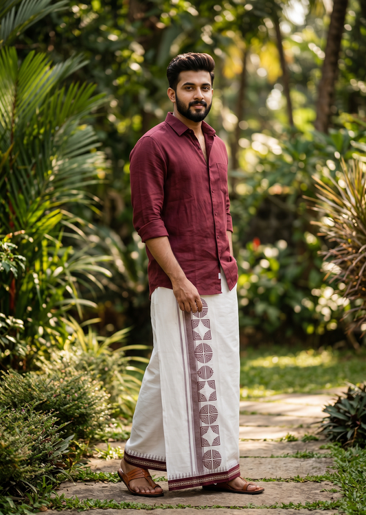 Southloom White Maroon Printed Single Mundu / Otta Mundu / Lungi (South Indian Kerala Dhoti) SL622