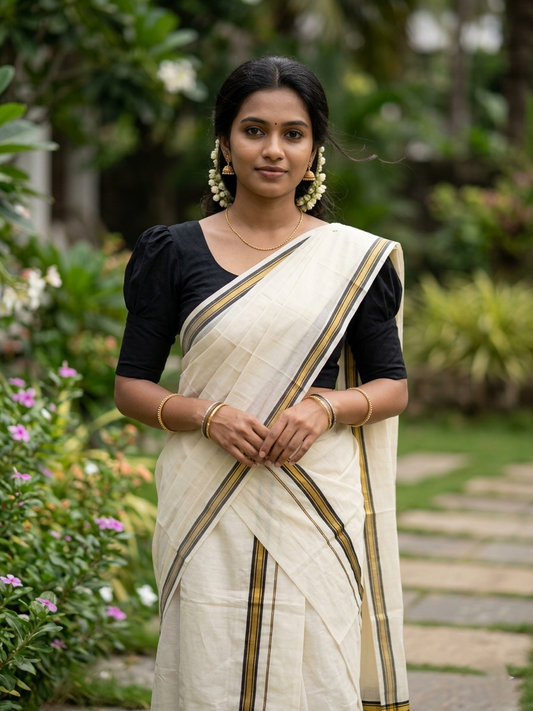 Pure Cotton Kerala Single Set Mundu (Mundum Neriyathum) with Black Kasavu Border in 2.80 Mtrs
