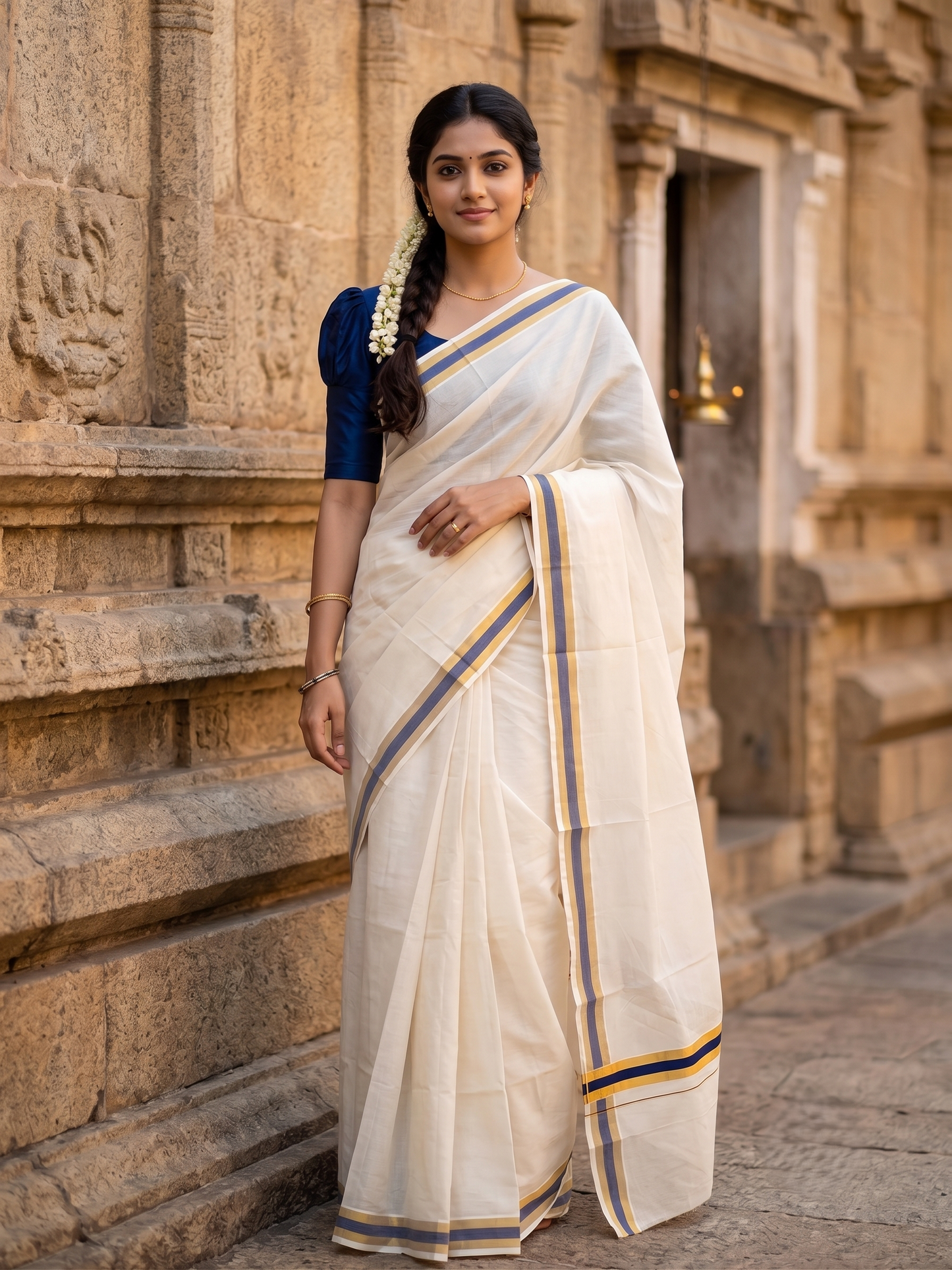 Southloom Kerala Cotton Kasavu Saree with Dark Blue Border