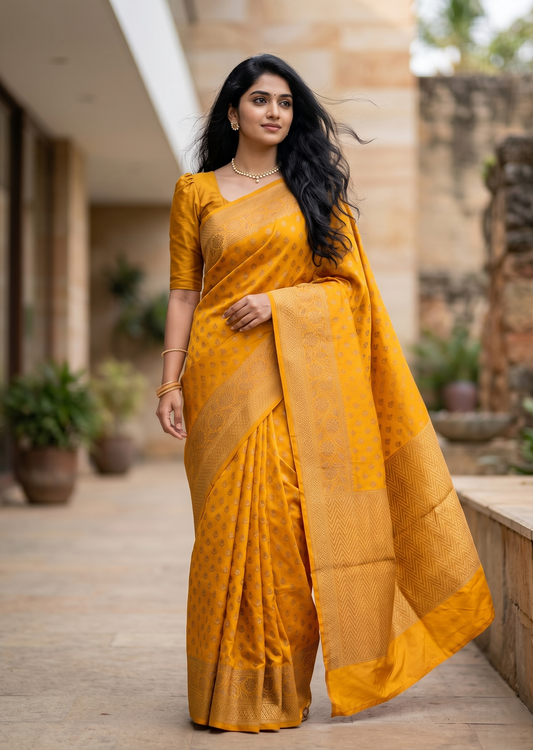 Southloom Munga Silk Saree with Woven Work on Body and Borders (Yellow)