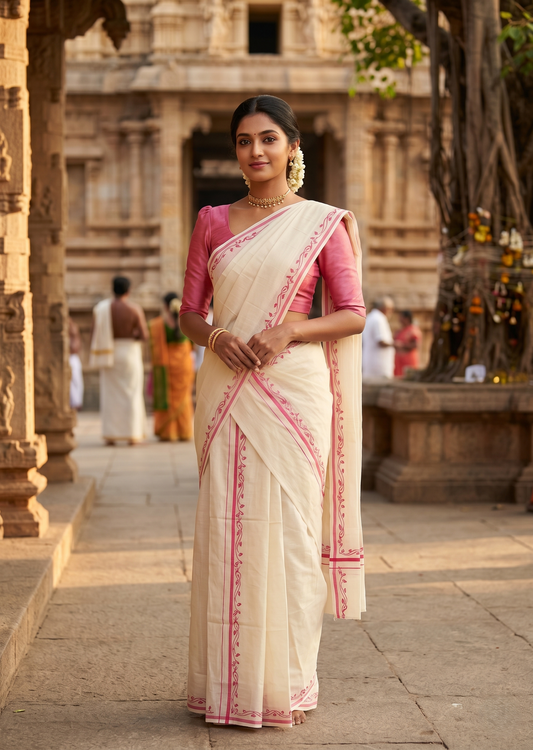 Southloom Pure Cotton Kerala Single Set Mundu (Mundum Neriyathum) with Digital Prints in Pink 2.80 Mtrs SL359