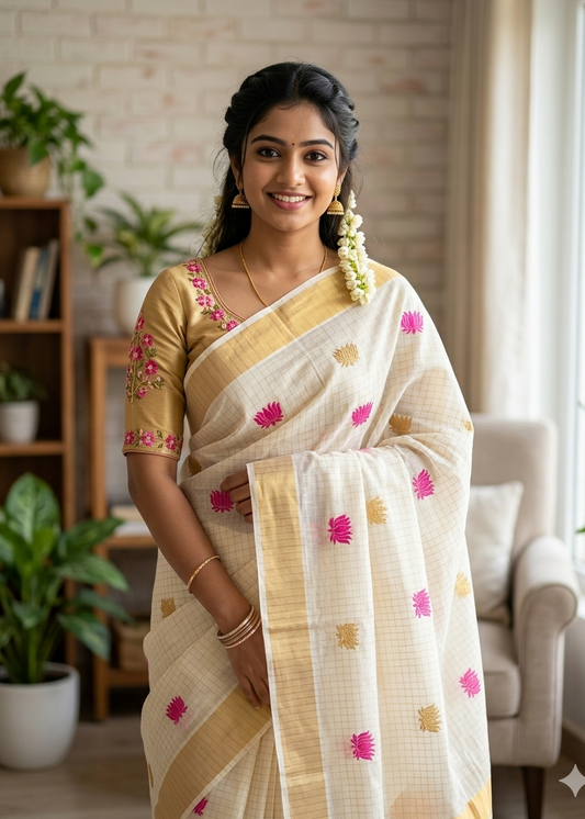 Kerala Cotton Kasavu Check Saree with Pink and Gold Lotus Embroidery Work SL172
