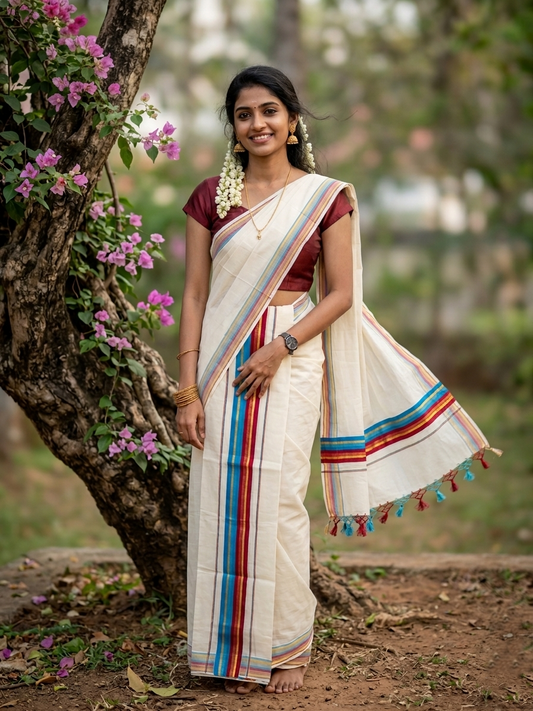 Cotton Kerala Kasavu Set Mundu (Mundum Neriyathum) with Maroon Blue Border and Tassels 2.80 Mtrs