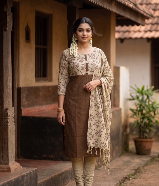 Southloom™ Cotton 3 Piece Brown Salwar Material with Woven Work