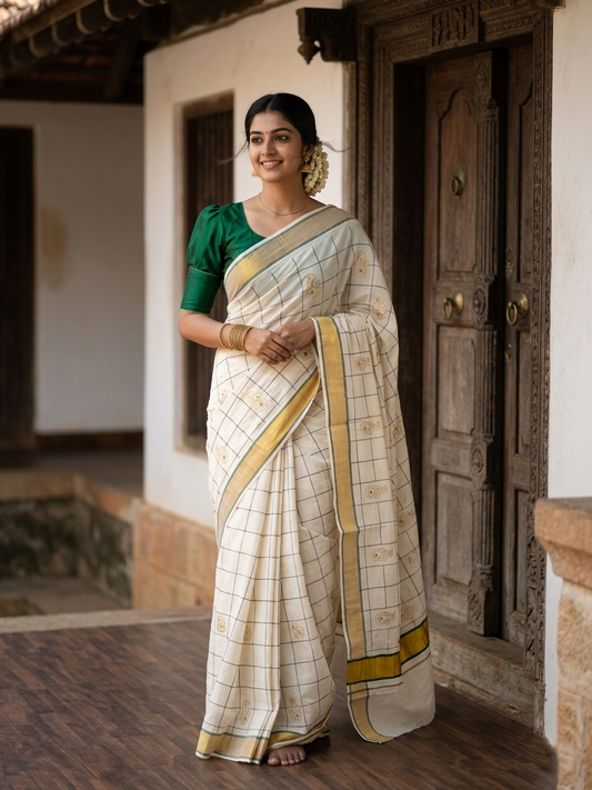 Southloom Cotton Kerala Kasavu Check Saree with Peacock Feather Embroidery Design in Green