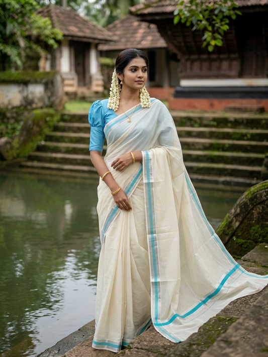 Kerala Pure Cotton Plain Saree with Silver Kasavu and Turquoise Border