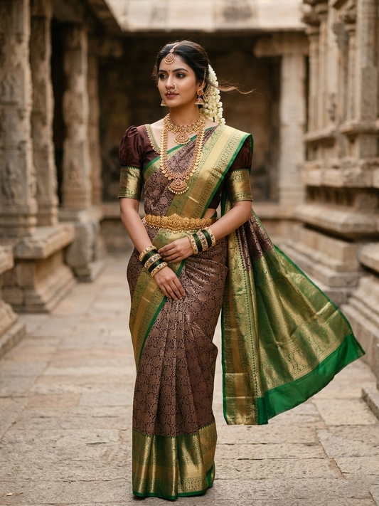 Southloom Pure Handloom Bridal Kanchipuram Silk Saree with Korvai Work (Brown & Green)