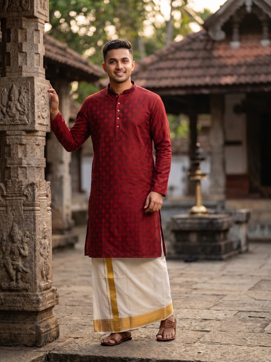 Southloom Red woven Semi Silk Long Kurta for Men SL590