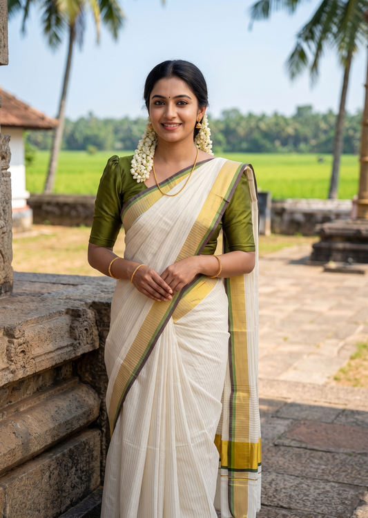 Southloom Kerala Cotton Kasavu Saree with Stripes on Body In Olive Green & Brown SL506