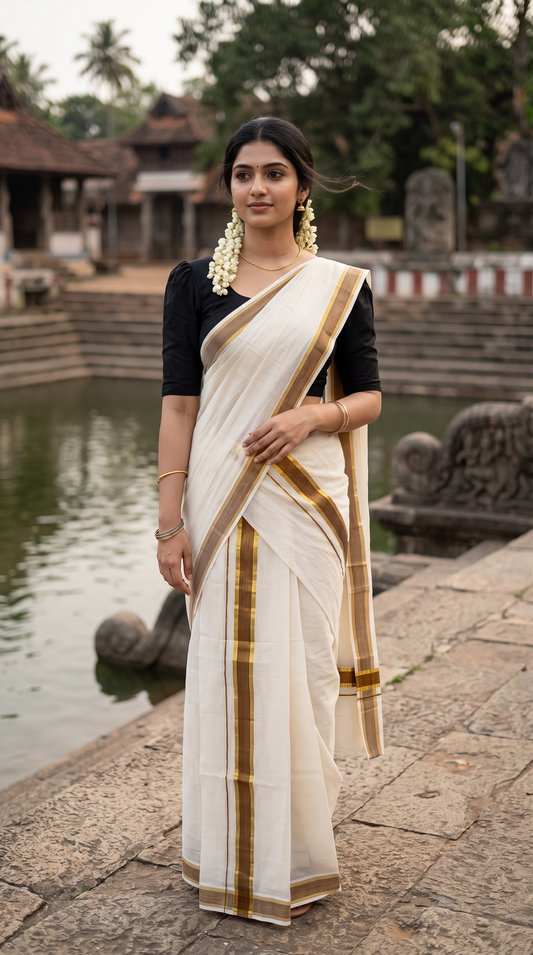 Kerala Cotton Set Mundu (Mundum Neriyathum) with Kasavu and Red & Olive Green Lines Border 2.80 Mtrs SLKK SL470