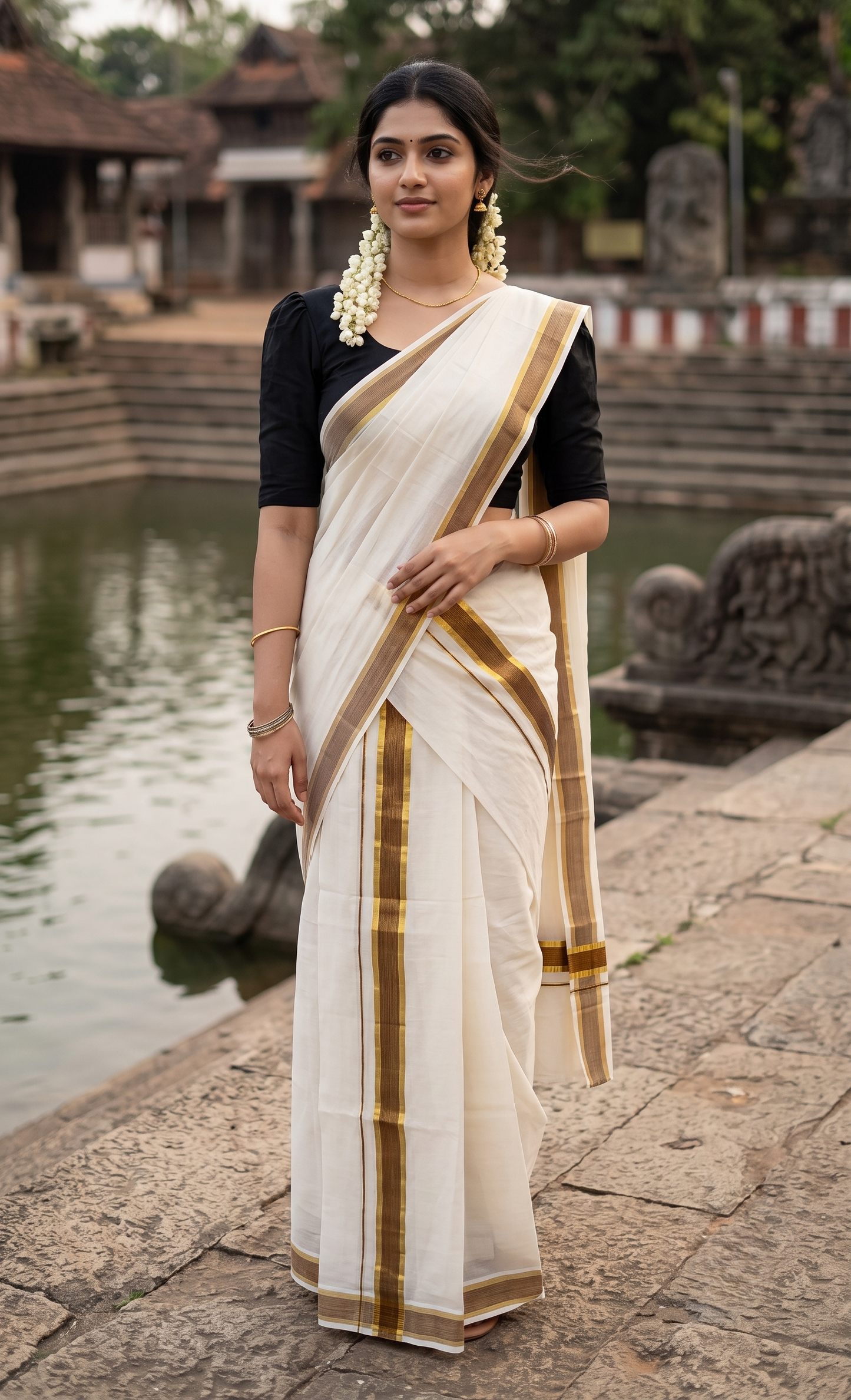 Kerala Cotton Set Mundu (Mundum Neriyathum) with Kasavu and Red & Olive Green Lines Border 2.80 Mtrs SLKK SL470