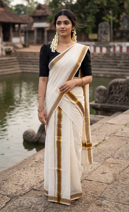 Kerala Cotton Set Mundu (Mundum Neriyathum) with Kasavu and Red & Olive Green Lines Border 2.80 Mtrs SLKK SL470