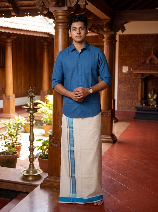 Southloom Kerala Pure Cotton Double Mundu with Silver Lines and Blue Border with (South Indian Dhoti)
