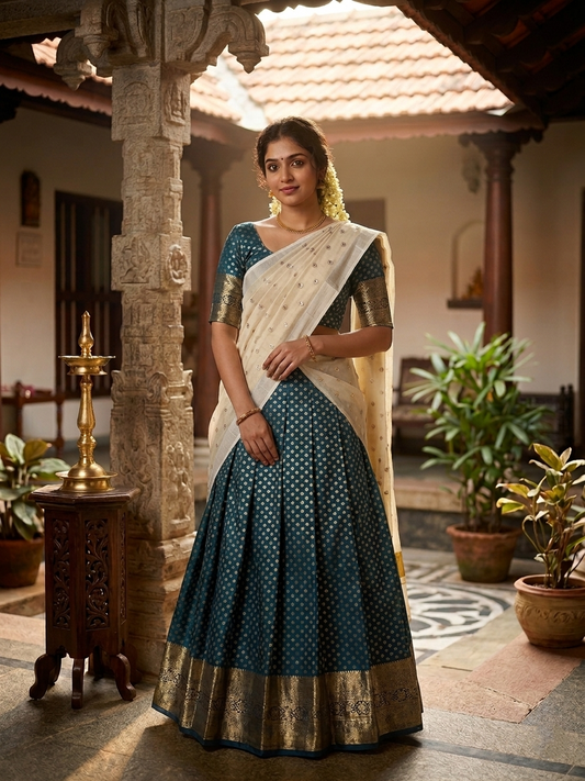 Southloom Semi Stitched  Dhavani Set with Pavada and Blue Blouse Piece