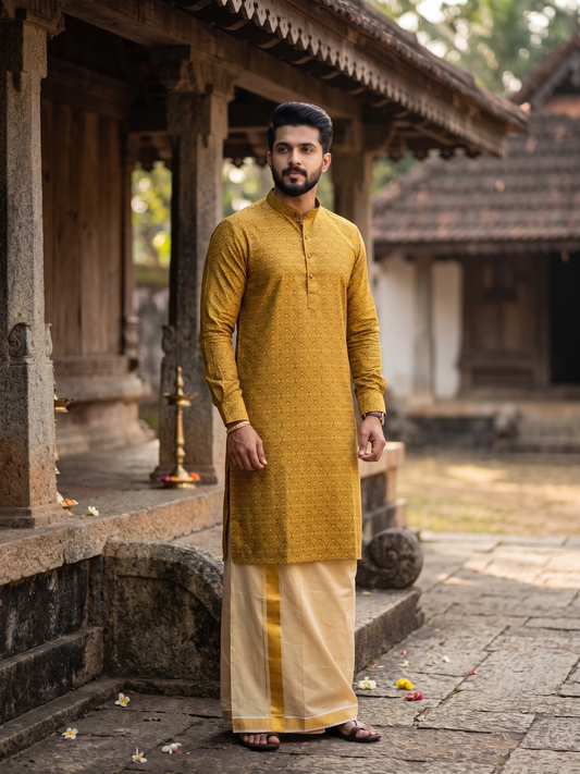Southloom Yellow Woven Semi Silk Short Kurta for Men SL590