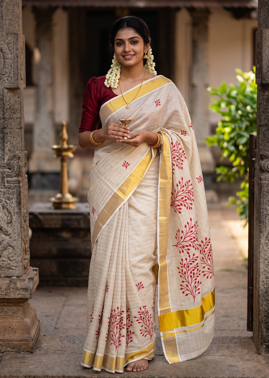 Southloom Kerala Tissue Red Floral  Embroidery Design on the Body With Gold Kasavu