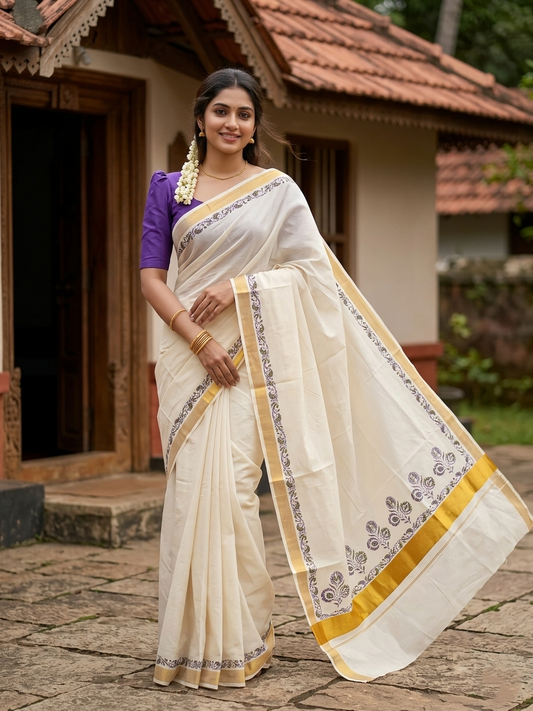 Southloom Cotton Kerala Kasavu Saree with Olive Green and Violet Block Prints On Border