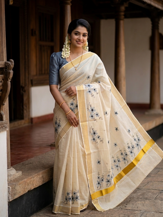 Southloom Kerala Tissue Kasavu Saree with Lavendar Floral Embroidery on Body and Border