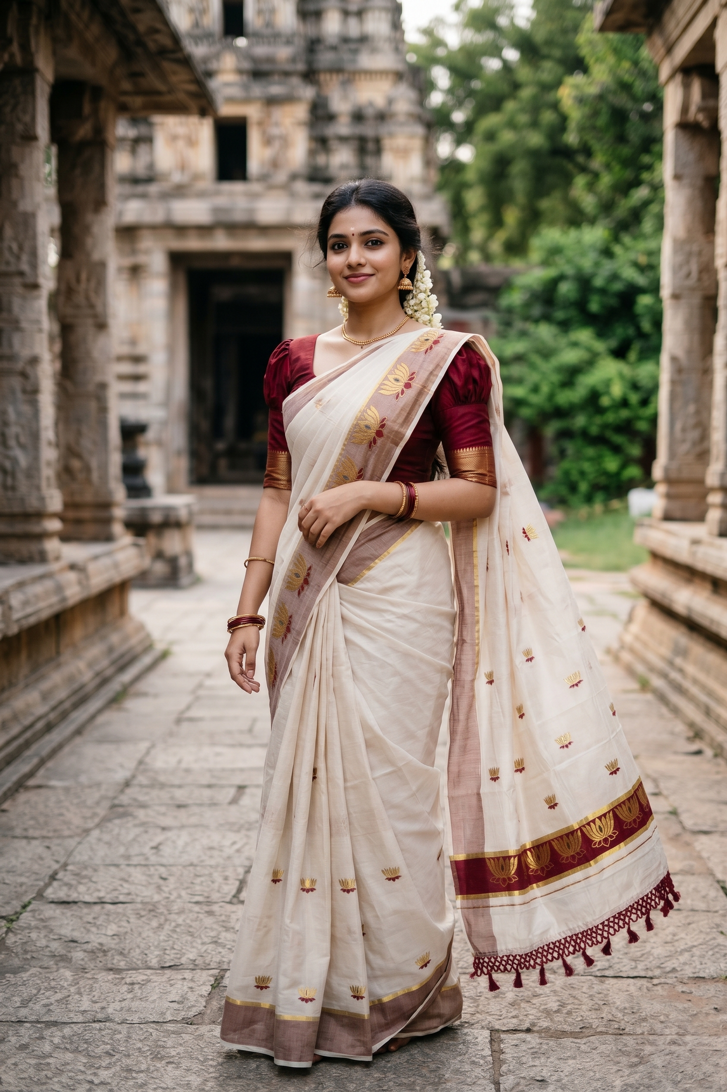Southloom Kerala Tissue Kasavu Saree with Maroon And Golden Lotus Embroidary Works on Body SL273