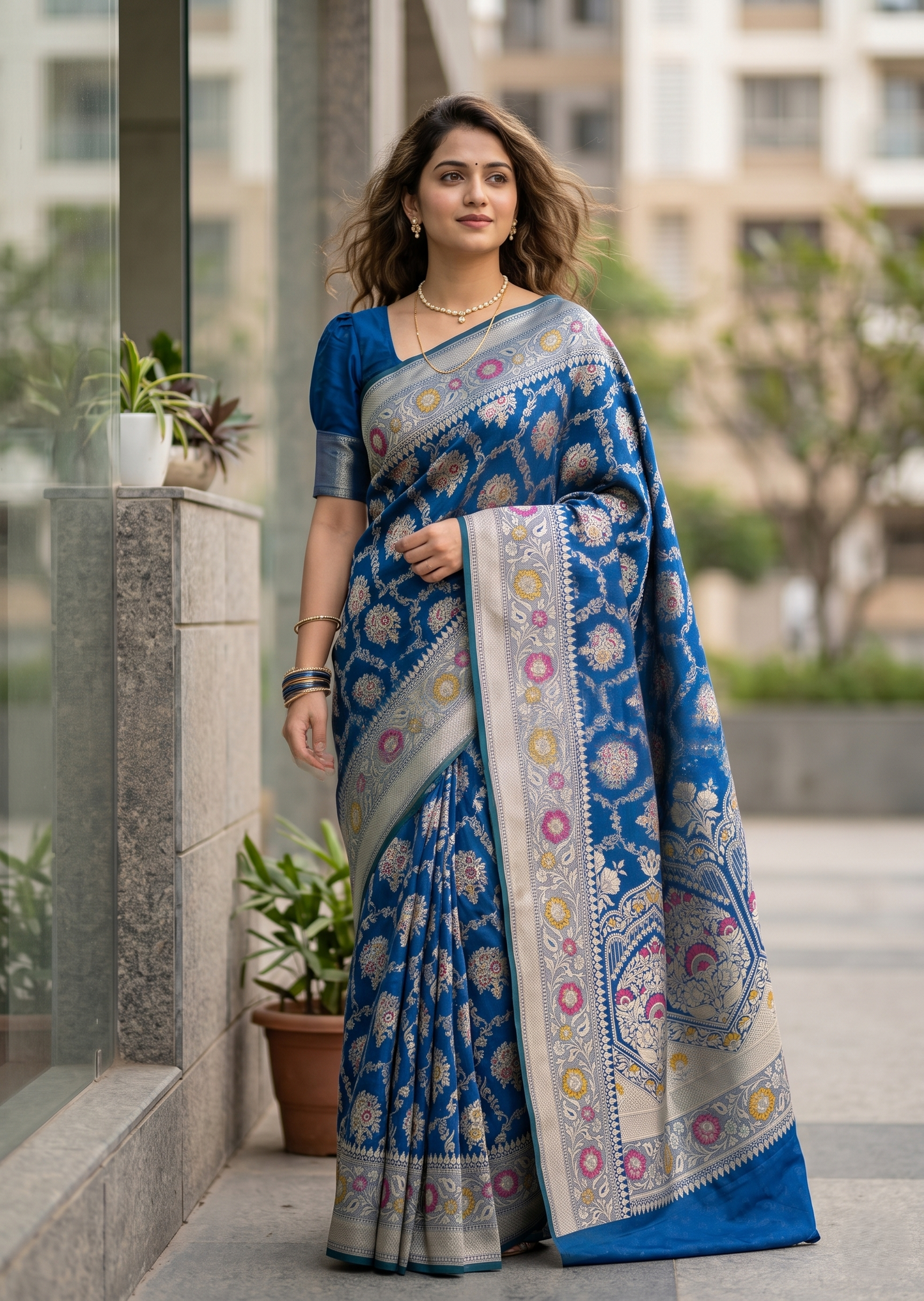 Southloom Pure Banarasi Silk Saree with Woven Work on Body and Borders (Peacock Green And Blue)