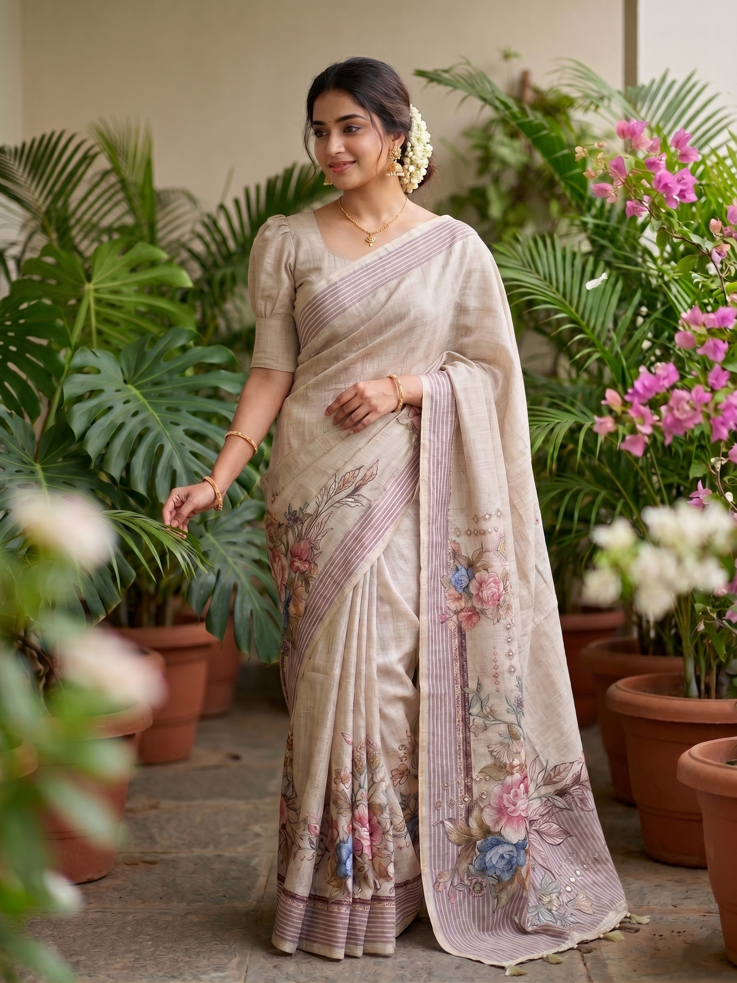 Southloom Designer Colour Saree with Floral Woven Works Across Body in Beige