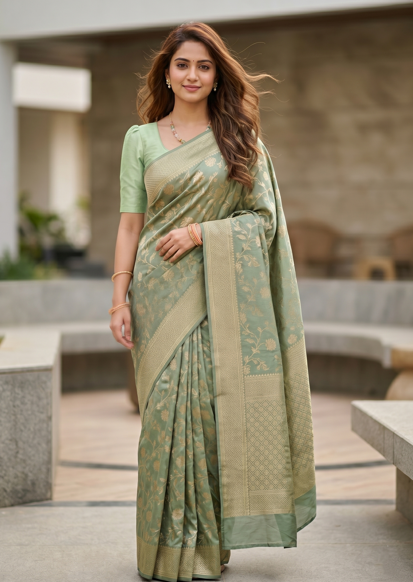 Southloom Pure Banarasi Silk Saree with Woven Work on Body and Borders (Pastel Green)