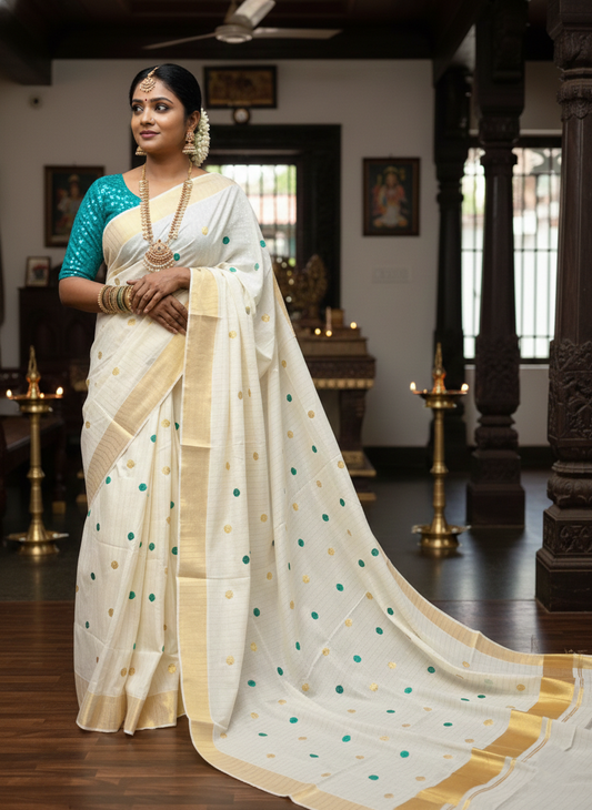 Southloom Kerala Pure Cotton Saree with Gold&Blue Polka Embroidery Works on Body