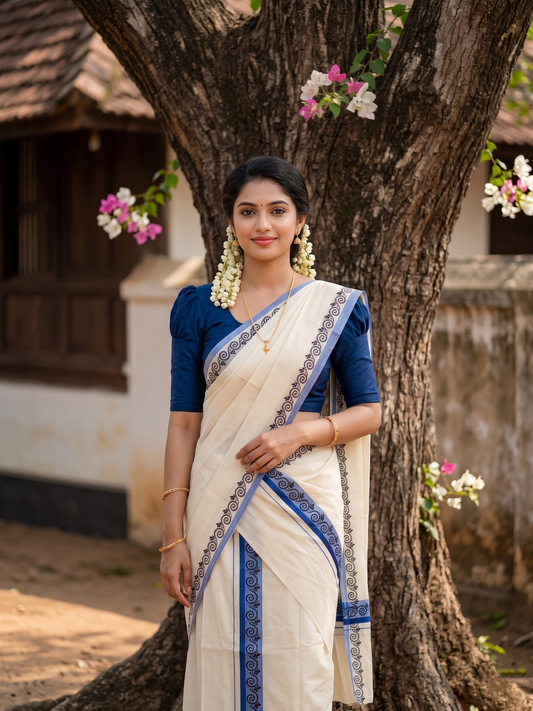 Southloom Kerala Mulloth Cotton Single Mundum Neriyathum with Digital Prints in Blue 2.80 Mtrs SL378