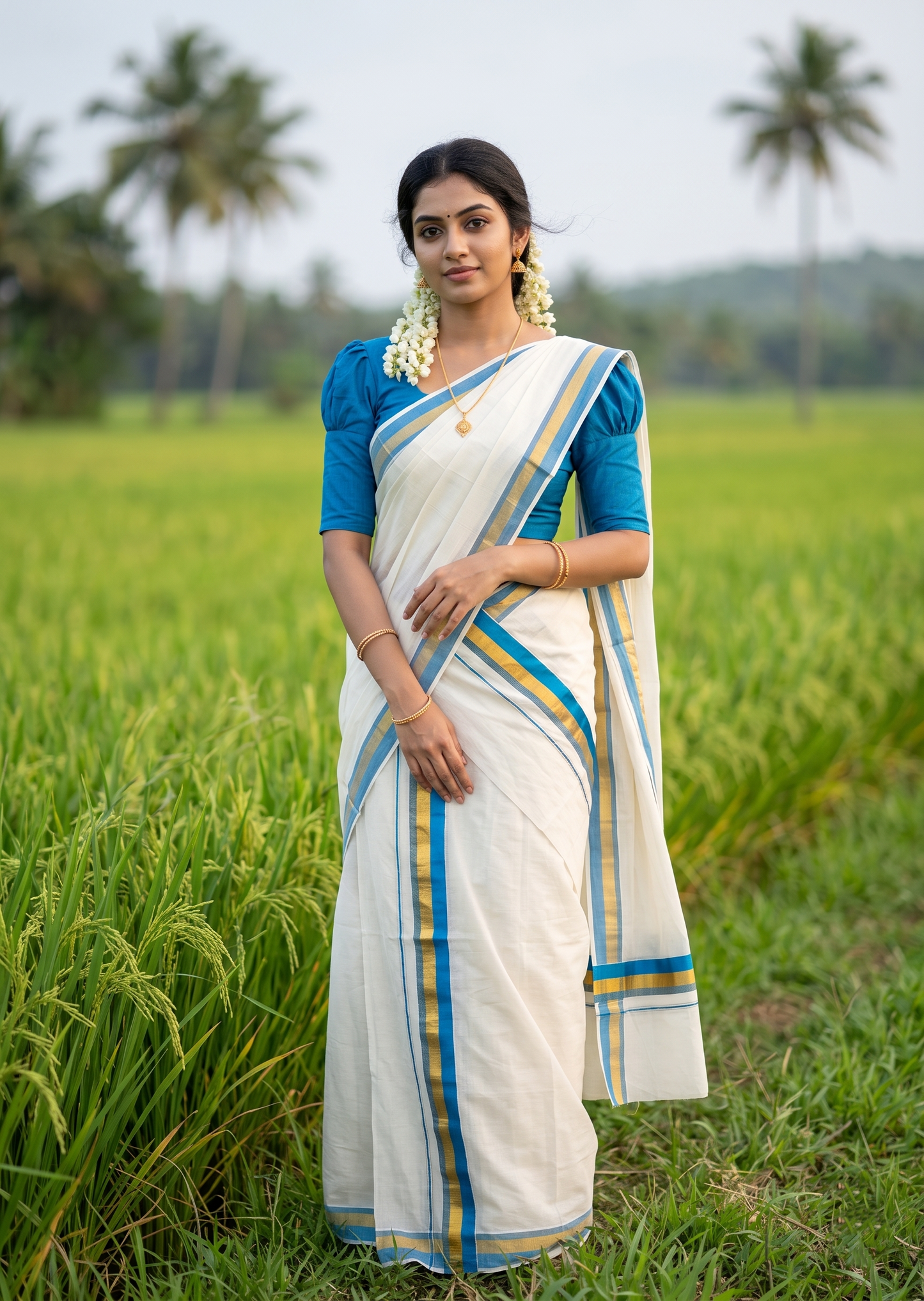Southloom Pure Cotton Kerala Single Set Mundu (Mundum Neriyathum) with Blue and Kasavu Border 2.80 Mtrs SLKK