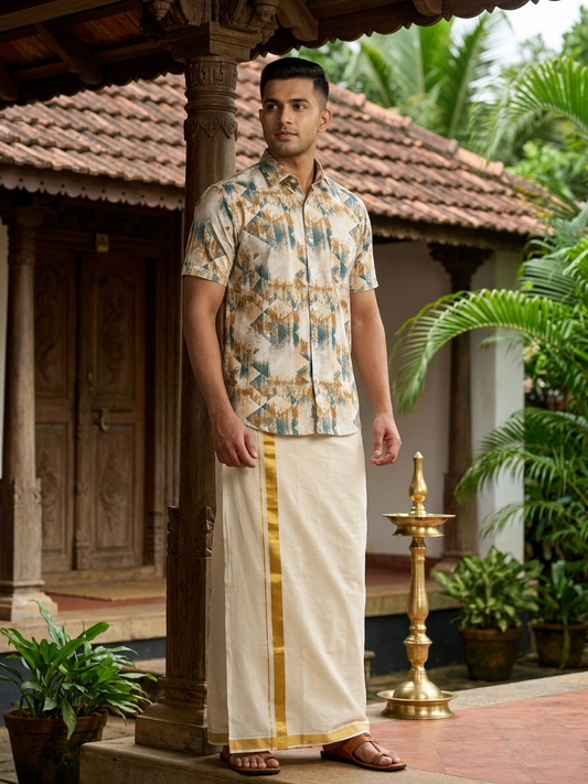 Pure Cotton Green and Brown Printed Shirt SLSHIRT 38 HS