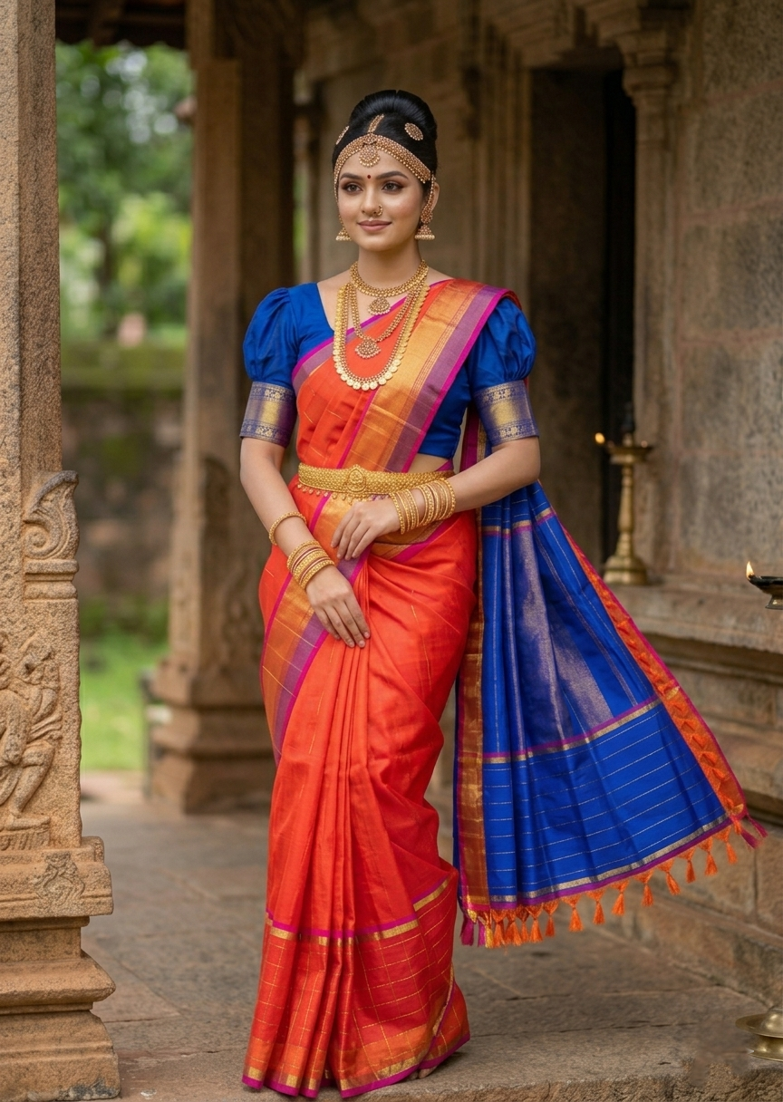 Southloom Premium Bridal Handloom Kanchipuram Silk Saree (Orange& Blue )