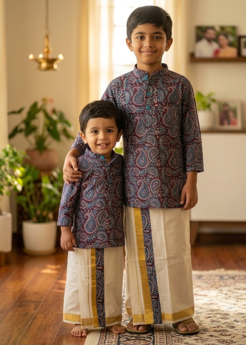 Southloom Ajrakh Printed Kids's Combo (Cotton Kurta + Tissue Velcro Mundu) SLKCOMBO