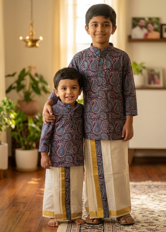 Southloom Ajrakh Printed Kids's Combo (Cotton Kurta + Tissue Velcro Mundu) SLKCOMBO