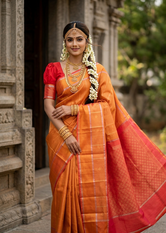 Southloom Pure Handloom Bridal Kanchipuram Silk Saree with Korvai Work(Orange & Red)