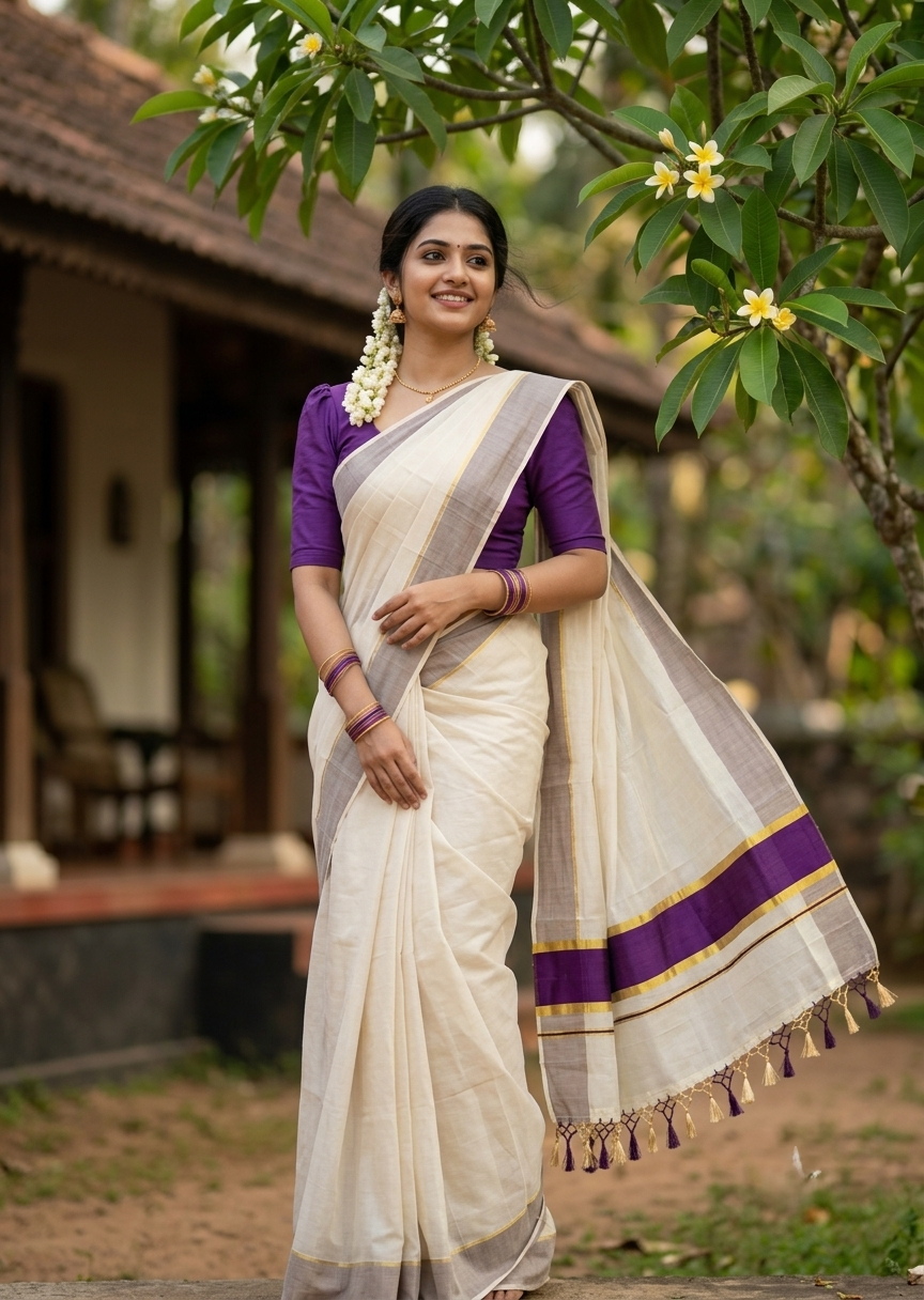 Southloom Kerala Tissue Kasavu Saree with Purple Border