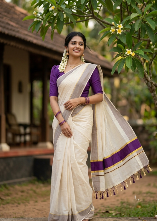 Southloom Kerala Tissue Kasavu Saree with Purple Border