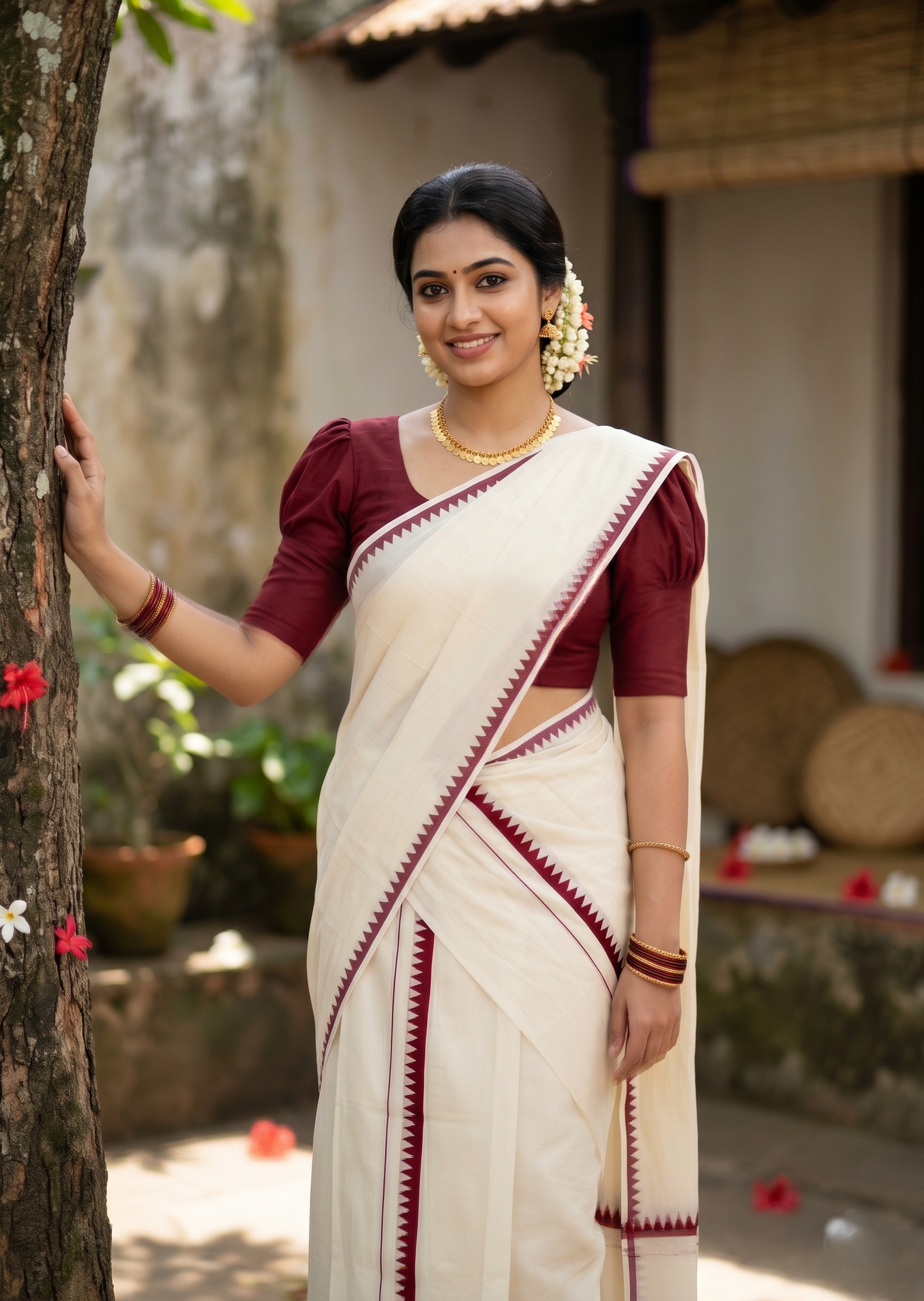 Southloom Pure Cotton Kerala Single Set Mundu (Mundum Neriyathum) with Temple Design in Maroon 2.80 Mtrs SL360