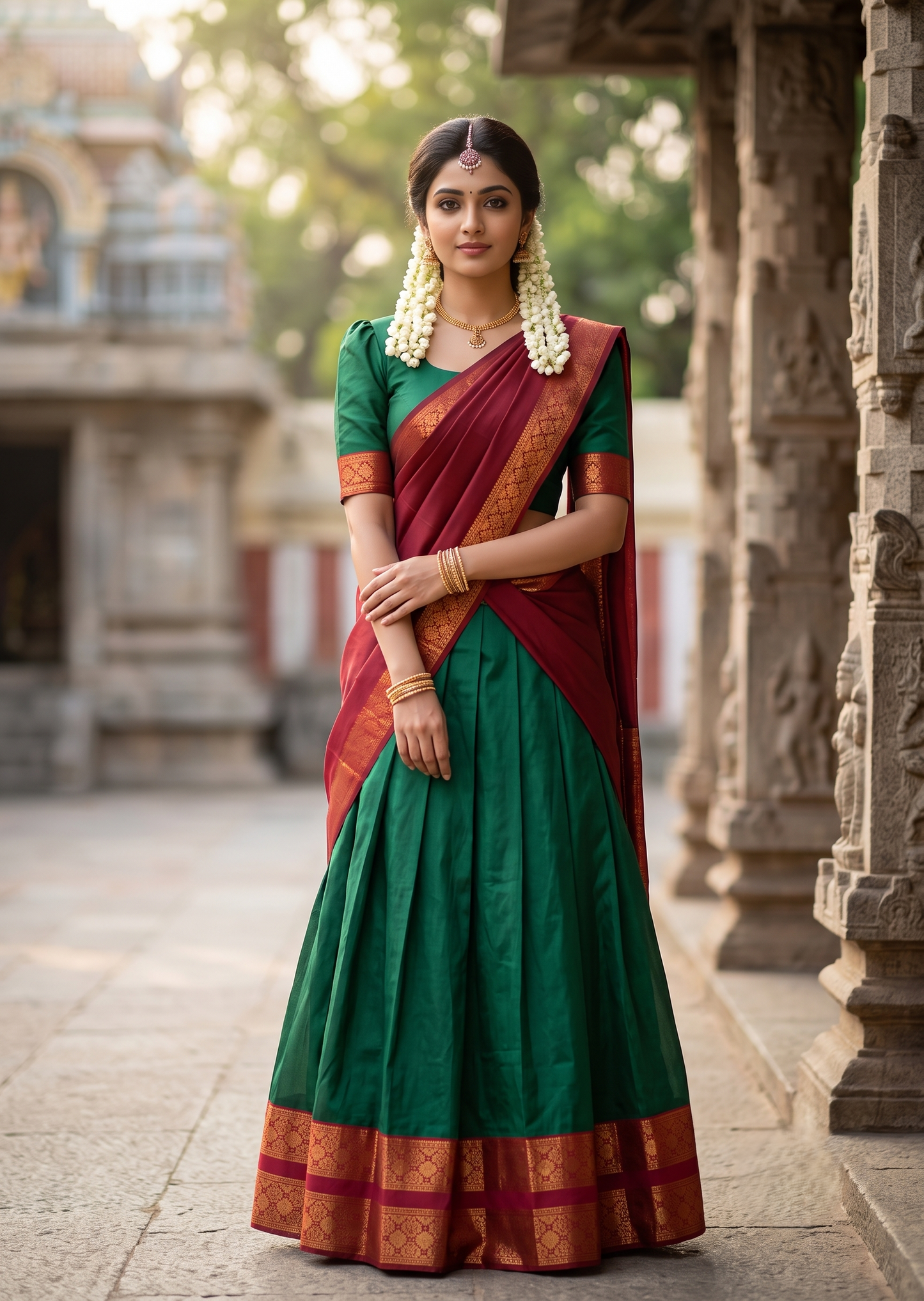 Southloom Semi Silk Dhavani Set with Pavada and Green Blouse PieceSLDHAVANI SL542
