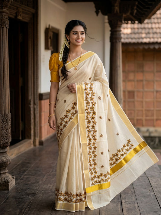 Kerala Tissue Kasavu Saree with Yellow Floral Embroidery Works SL366