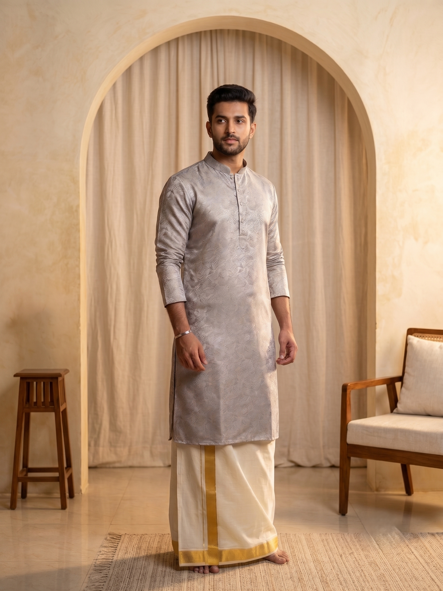 Southloom Light pink Woven Patterns Semi Silk Long Kurta for Men SL590