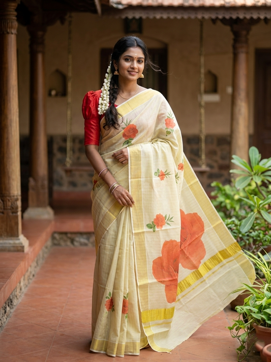 Southloom Tissue  Kerala Kasavu Saree with Floral Digital Printed