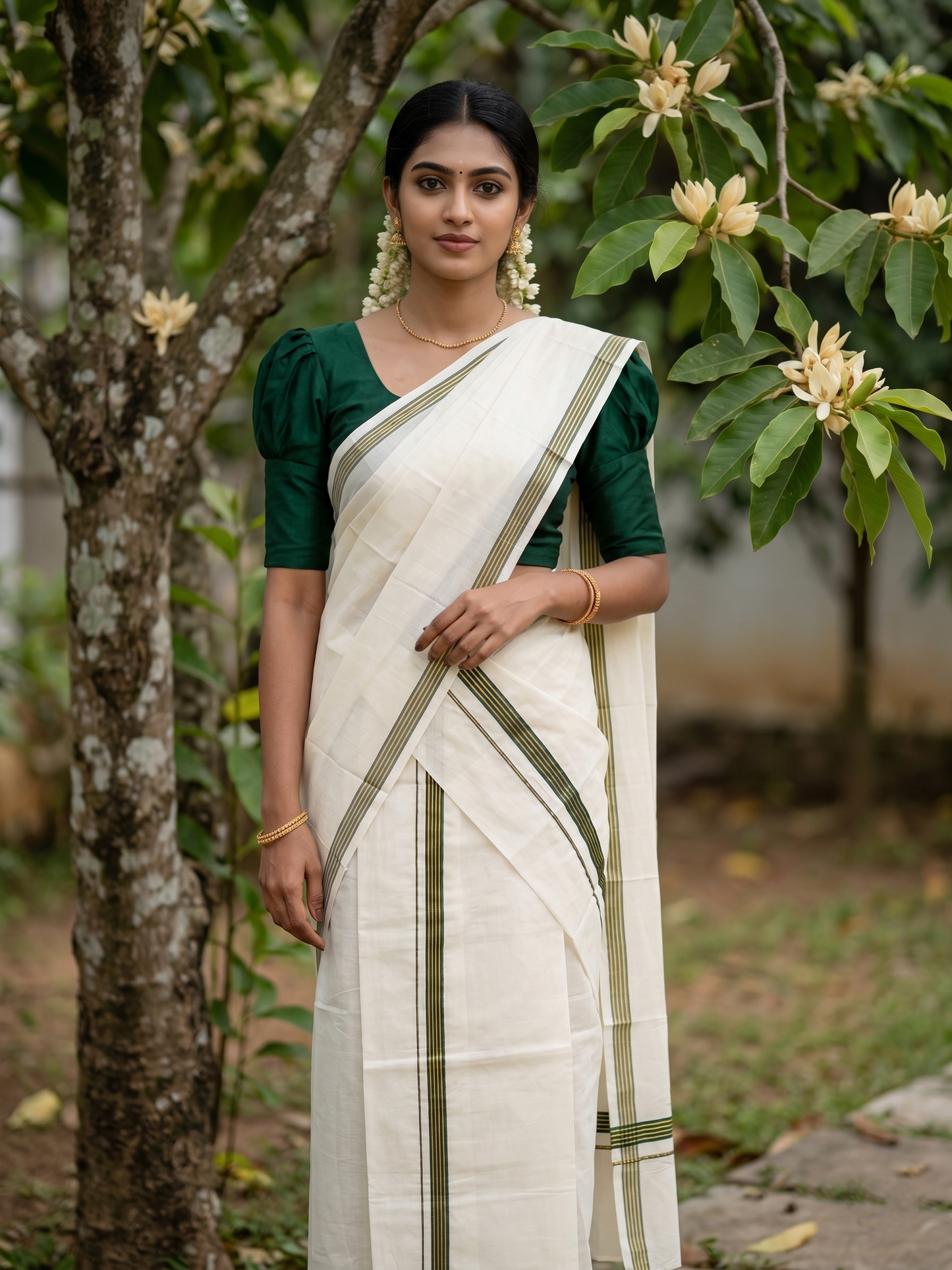 Southloom Pure Cotton Kerala Single Set Mundu (Mundum Neriyathum) with Green Kasavu Border in 2.80 Mtrs  SLKK SL470